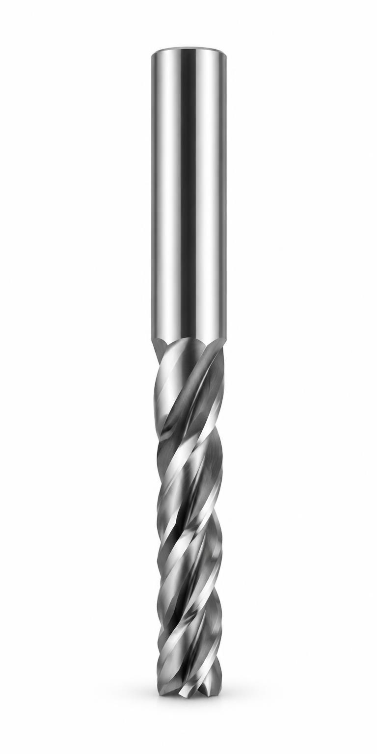 Monochrome studio rendering of an upright carbide compression router bit