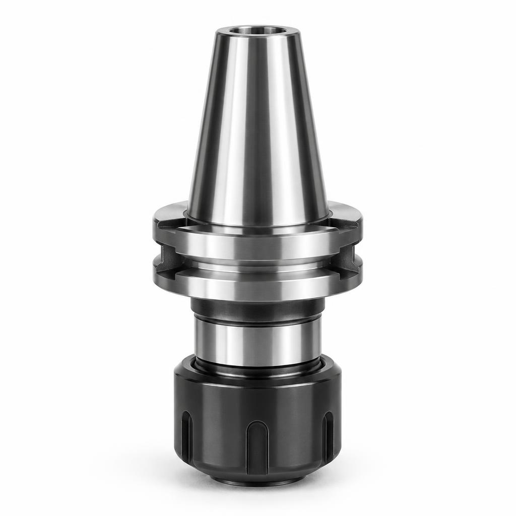 Monochrome studio rendering of an upright HSK63F tool holder with ER32 collet nut