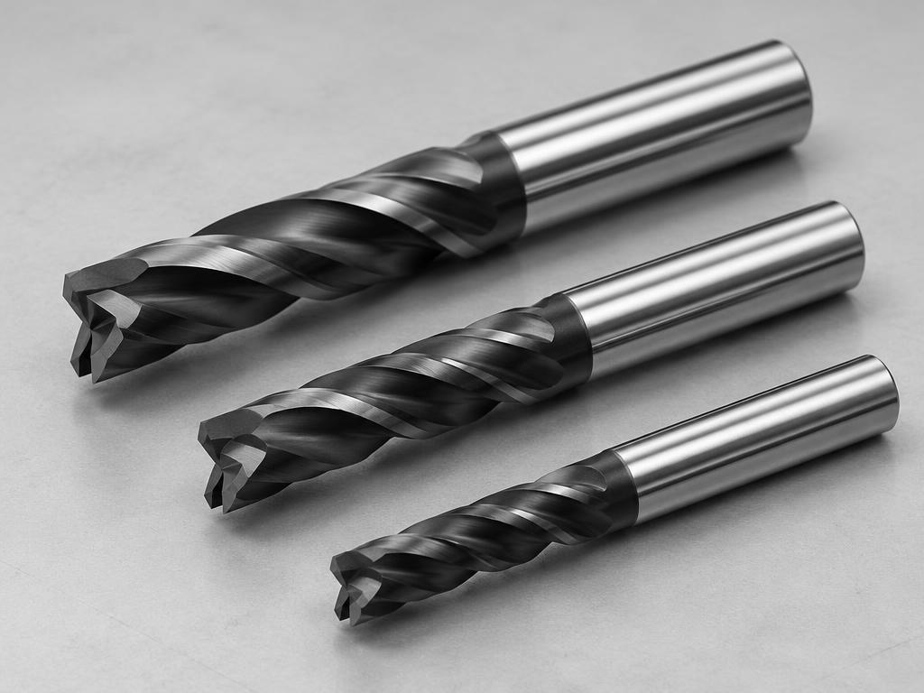 Three premium spiral compression cutters on a workshop table