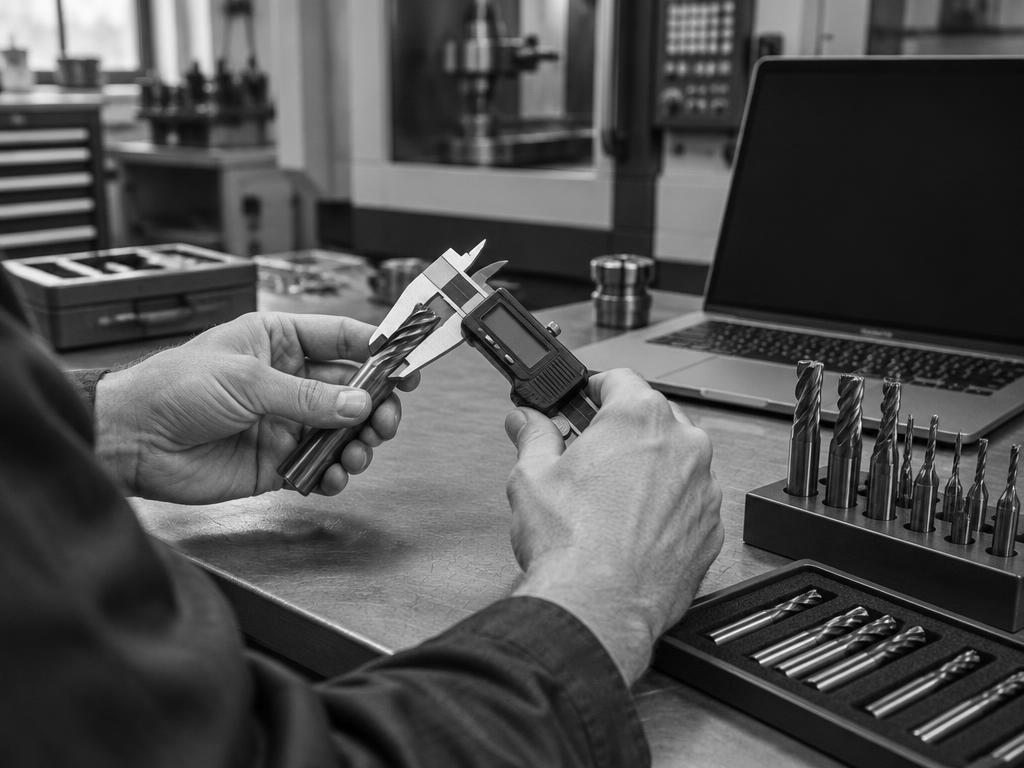 Tooling specialist measuring a cutter beside a laptop